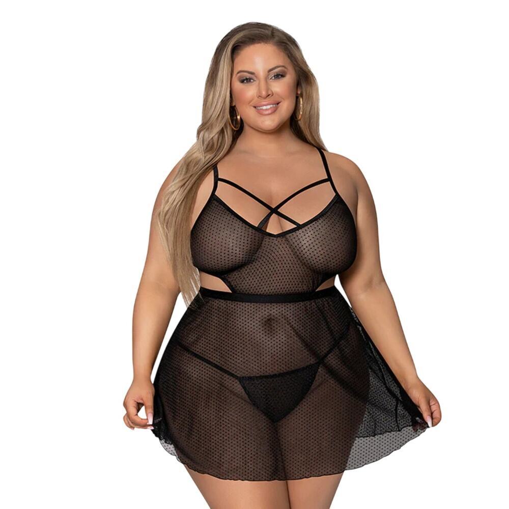 NEW! PLUS SIZE LINGERIE 1X-3X BABYDOLL CROTCHLESS PANTY SET BLACK GIRL NEXT DOOR